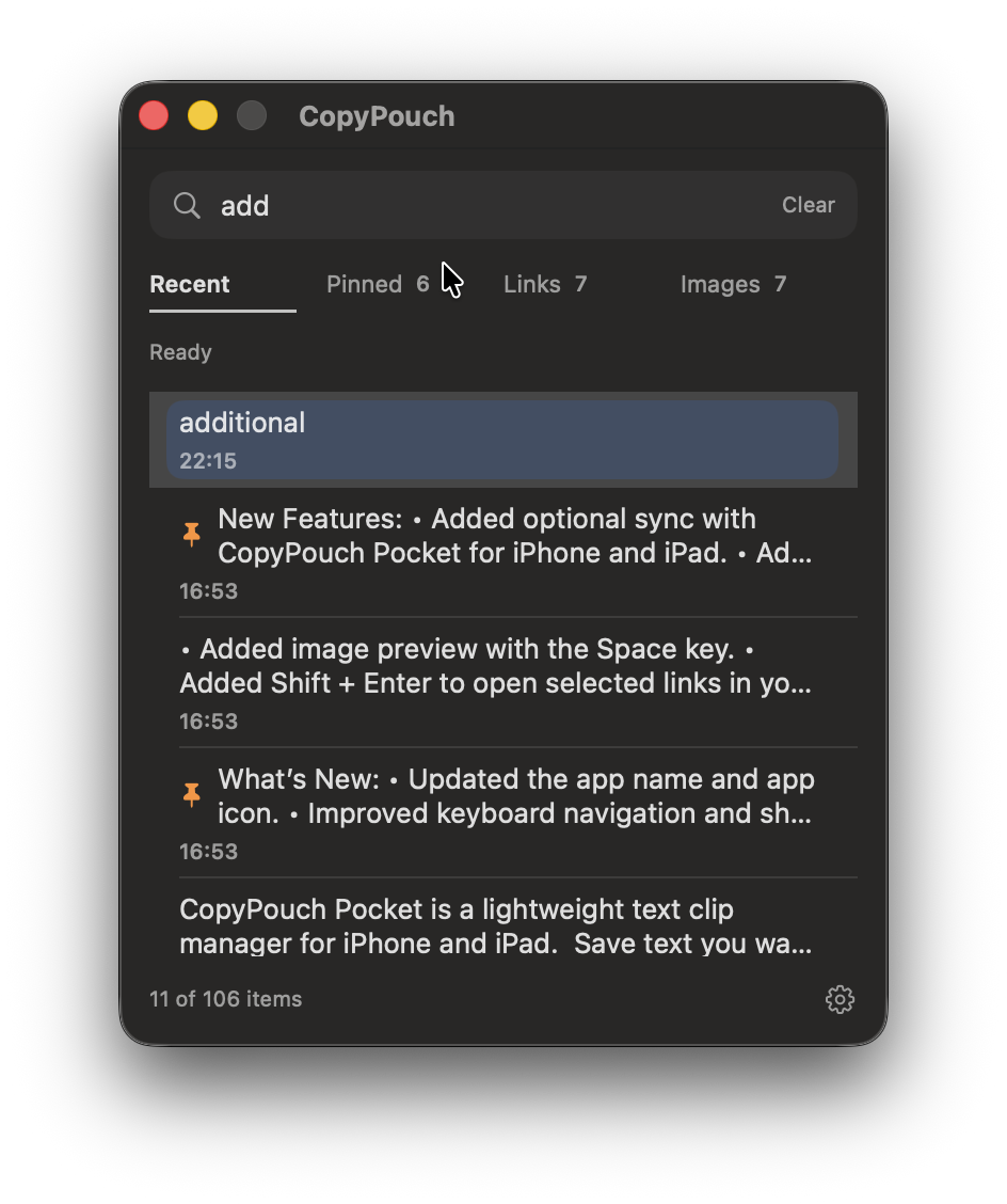 Using search and pinning in CopyPouch