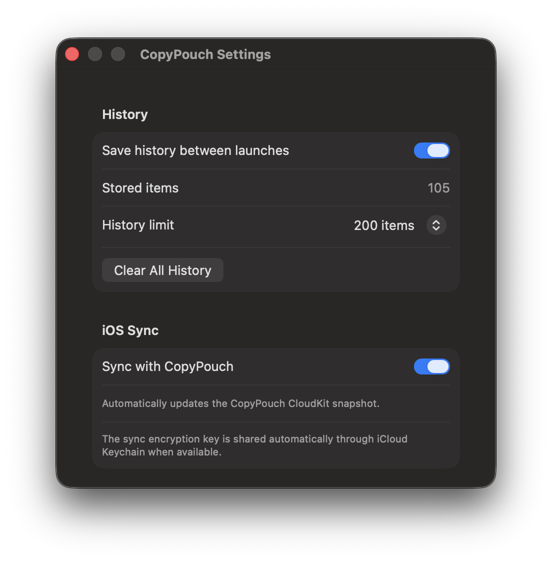 CopyPouch settings with Pocket sync enabled