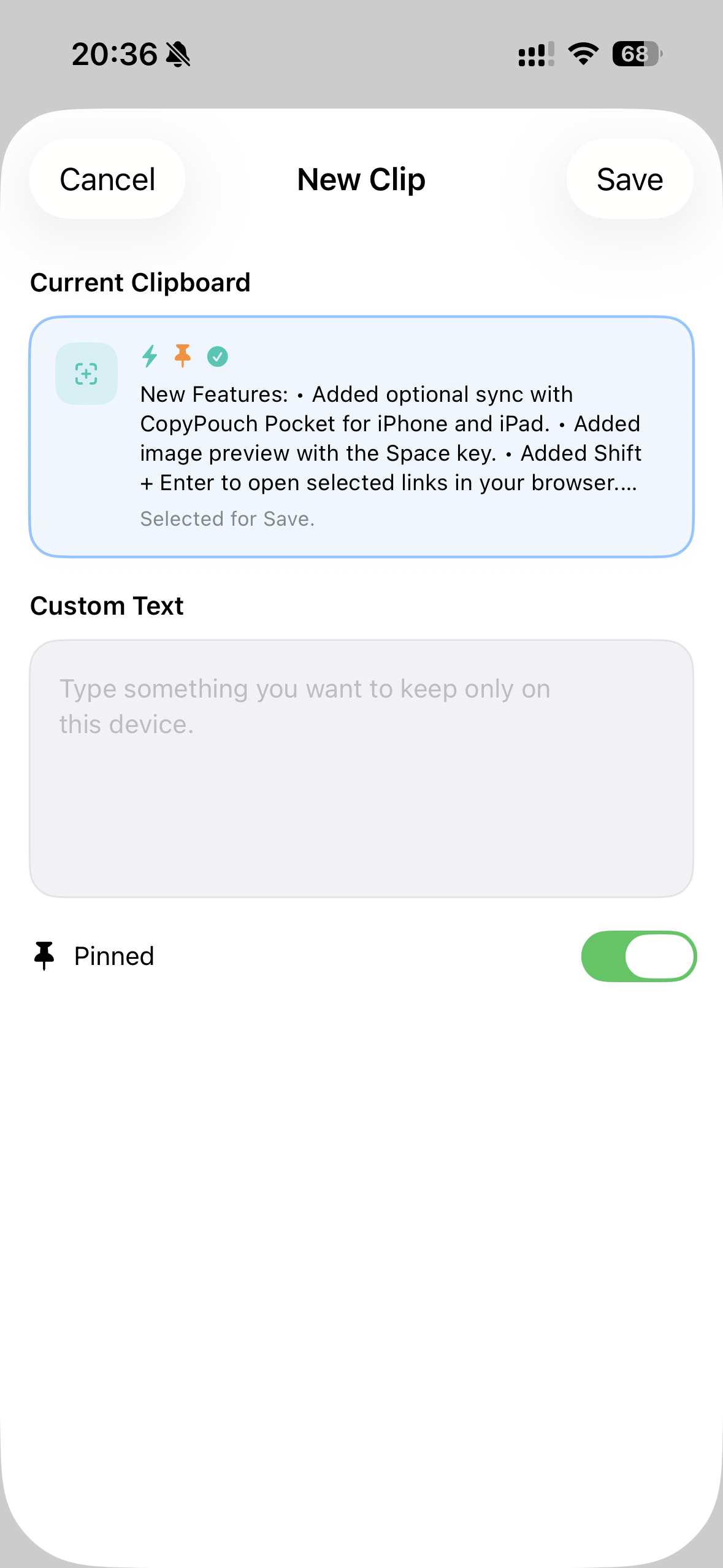 Saving the current clipboard as a local clip