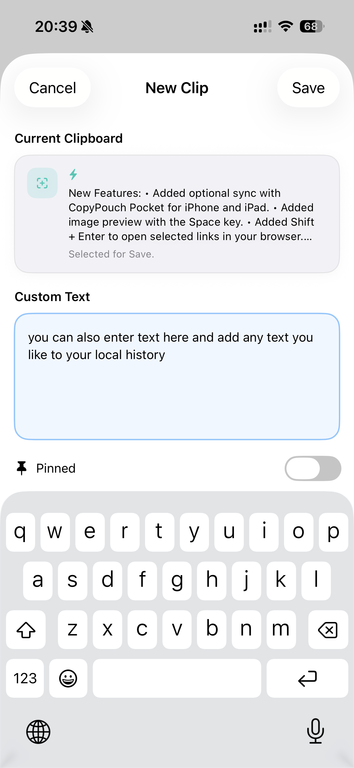 Saving custom text as a local clip