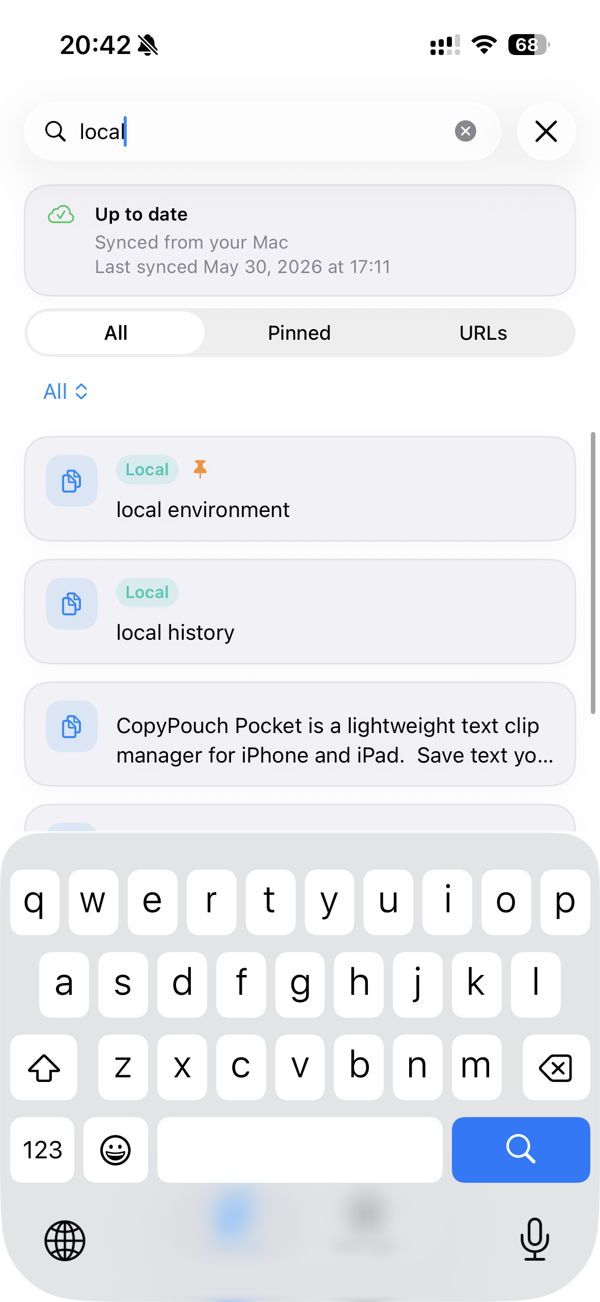 Searching clips in CopyPouch Pocket